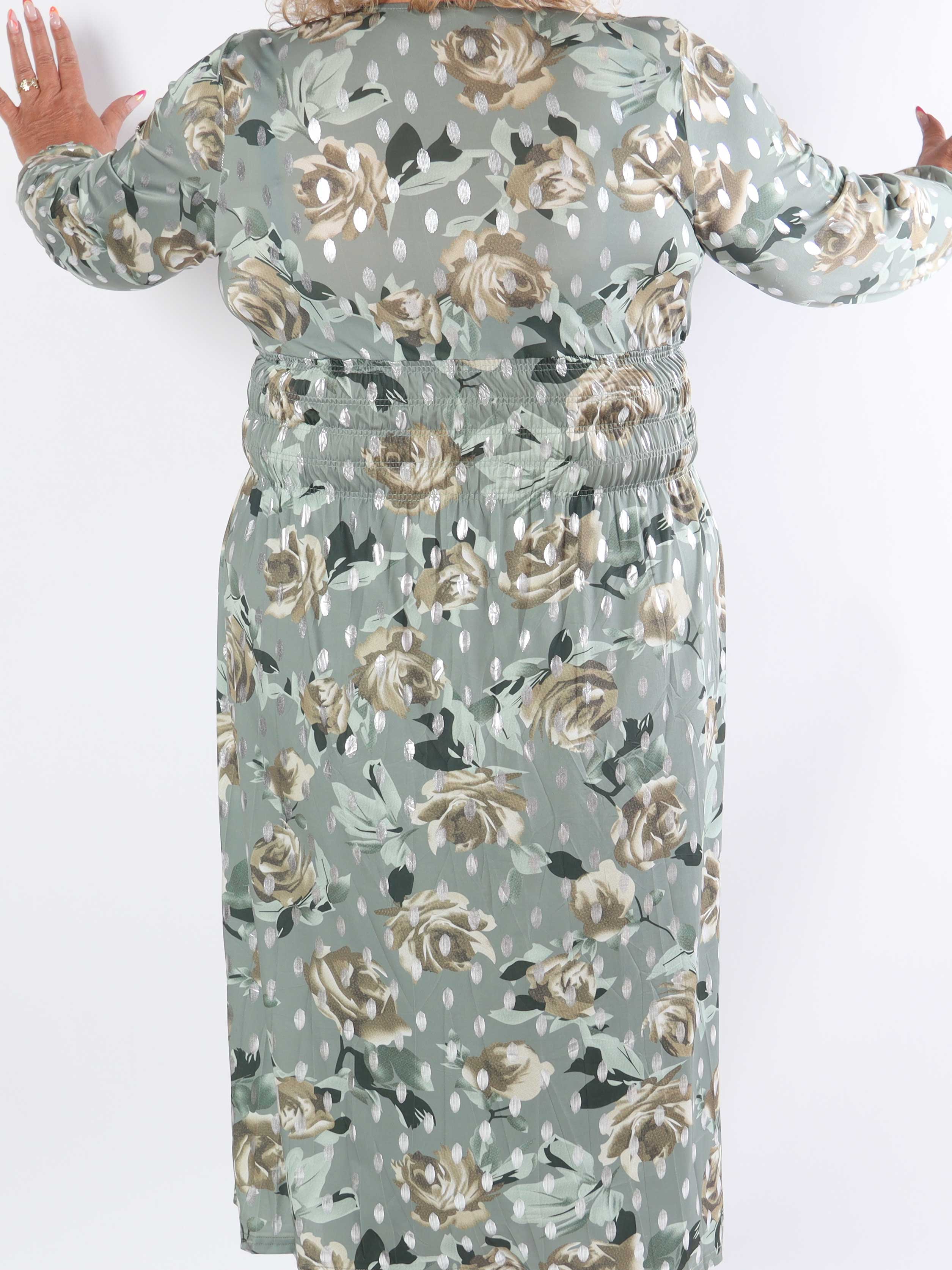 Pams Blossom Midi L/S - Elastisk plus size kjole i krølfrit stof med sølv prikker